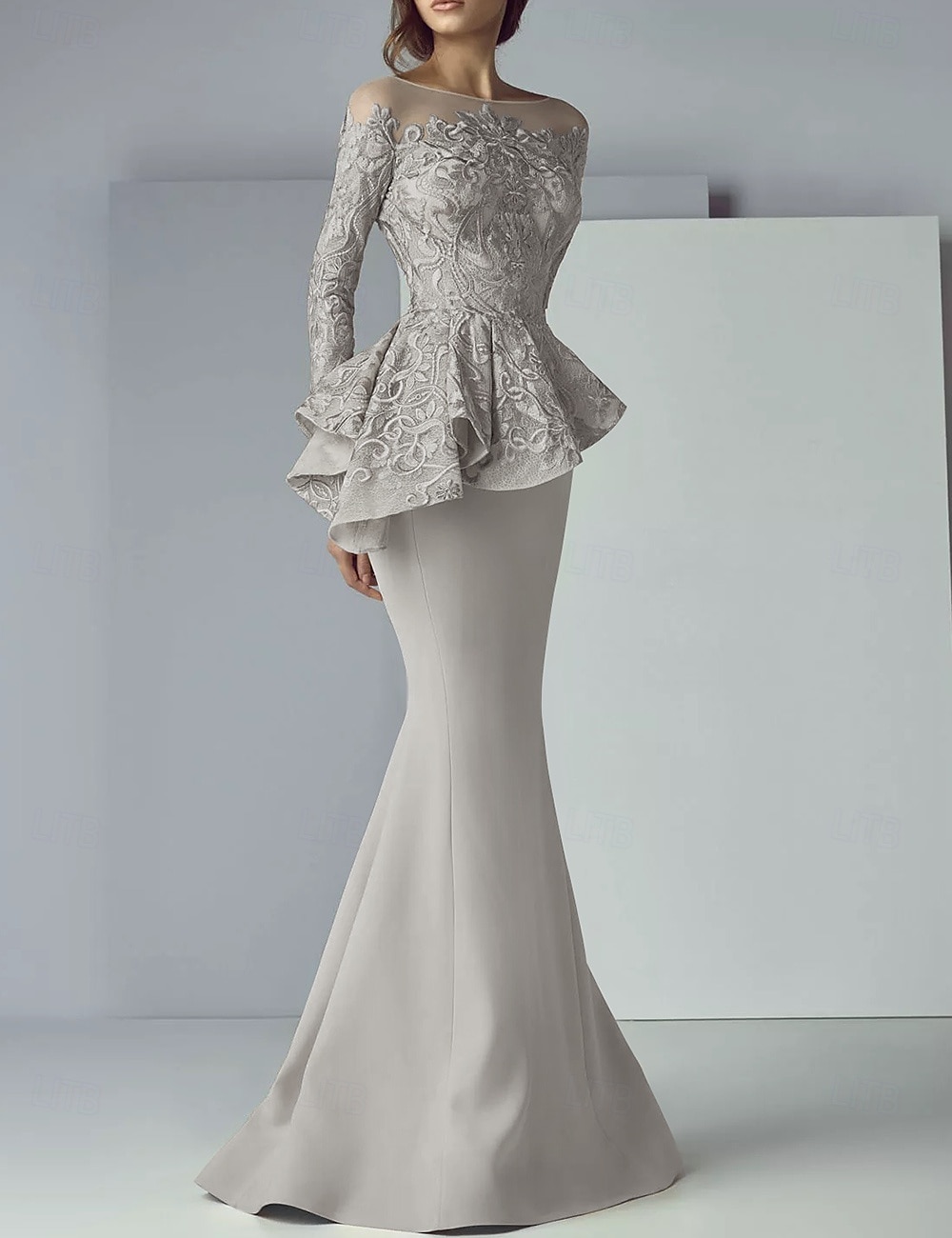 Mermaid Mother of the Bride Dress Formal Wedding Guest Elegant Scoop Neck Floor Length Lace Stretch Fabric Long Sleeve with Ruffles Appliques 2025 - $219.99 –P4