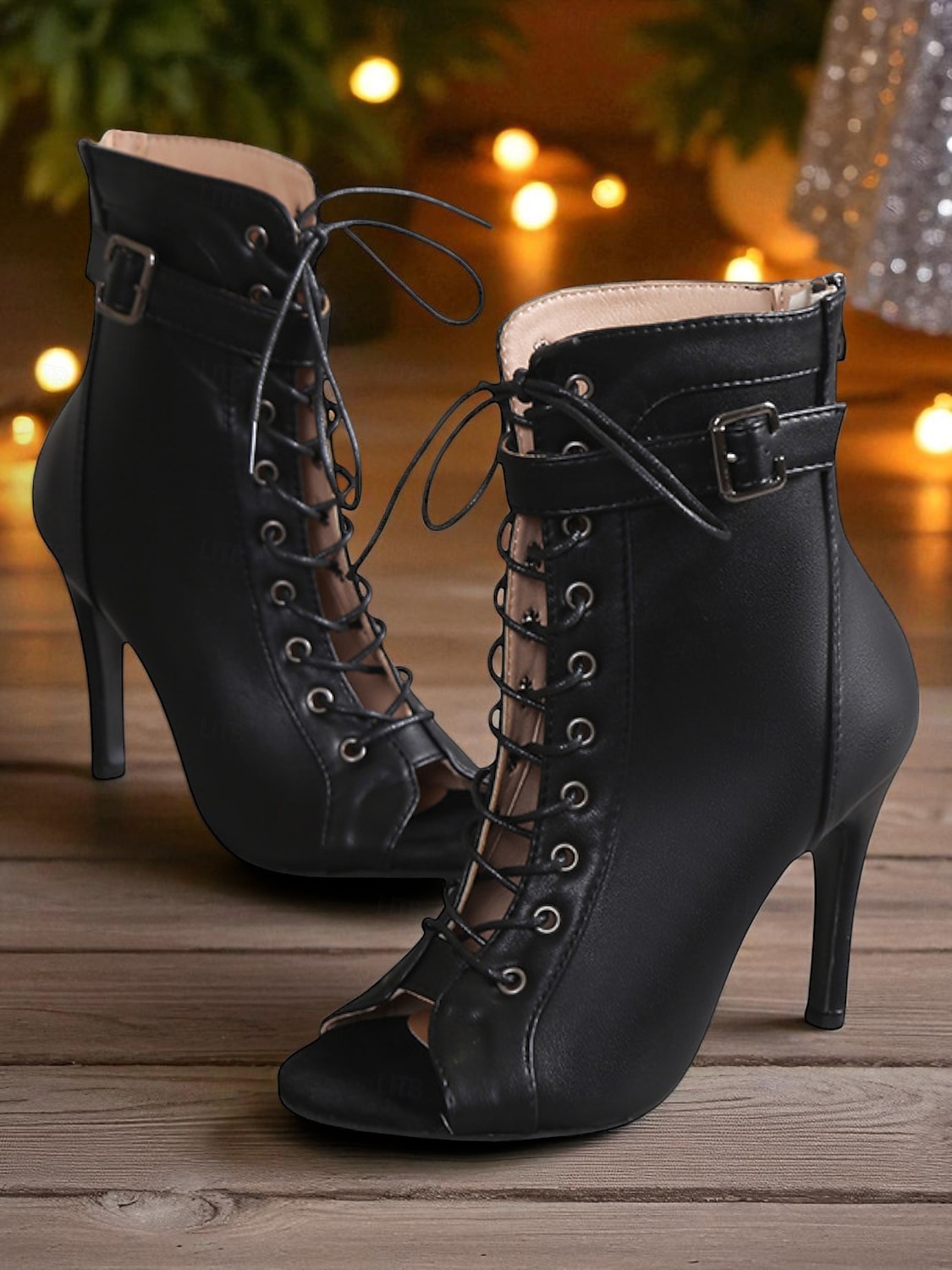 Botas femininas pretas de salto alto com cadarço e bico fino - botas de salto alto com fivela para festas noturnas e trajes de clube de 2025 por $32.99 –P1