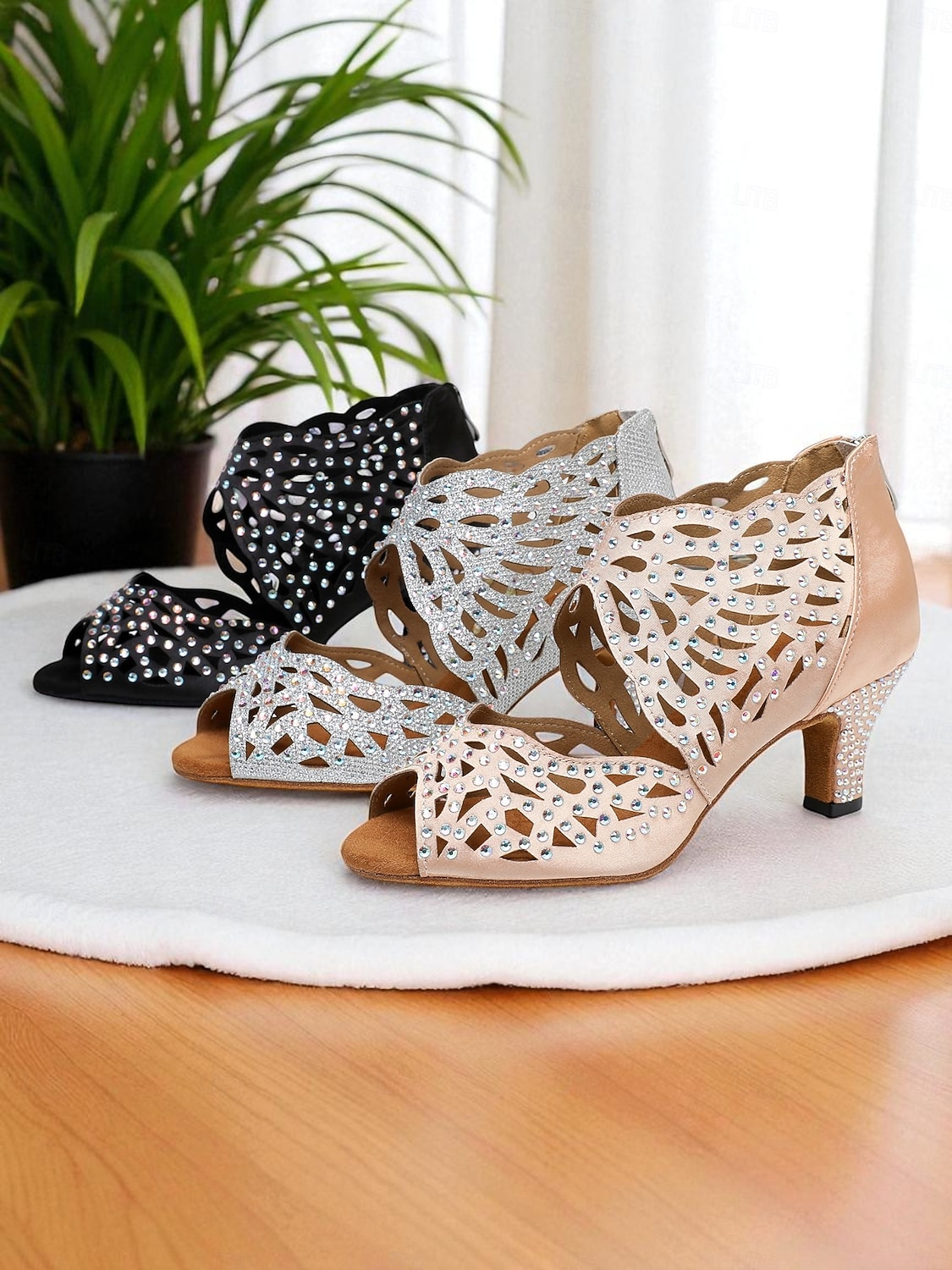 scarpe da ballo da donna con punta aperta, strass e tacco basso color carne - calzature professionali per feste da ballo Gatsby del 2026 a $69.99 –P2