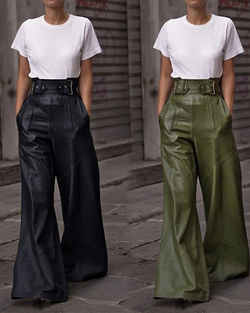 Per donna Gamba larga Pantaloni di pelle Streetwear Casual Lunghezza intera Naturale Semplice Tasca Elastico in vita Confortevole All'aperto Vacanza Ferie Nero Verde militare Autunno Vestibilit del 2025 a $32.99 –P1