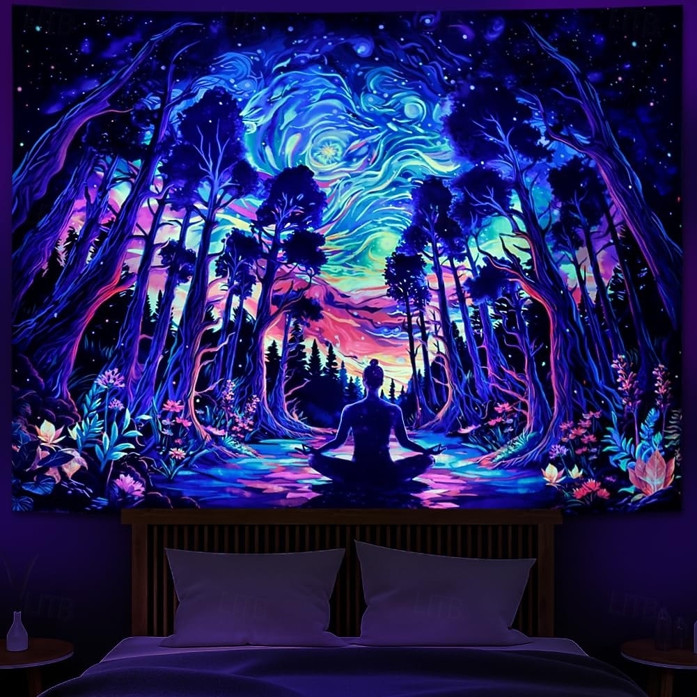 Schwarzlicht-Wandteppich mit psychedelischem Wald und Meditation, UV-reaktiv, kosmische Galaxie, Sternenhimmel, Wandkunst, Wandteppich, trippiges Yoga, spirituelles Chakra, Wandbehang, Wandteppiche 2026 - $17.99 –P1