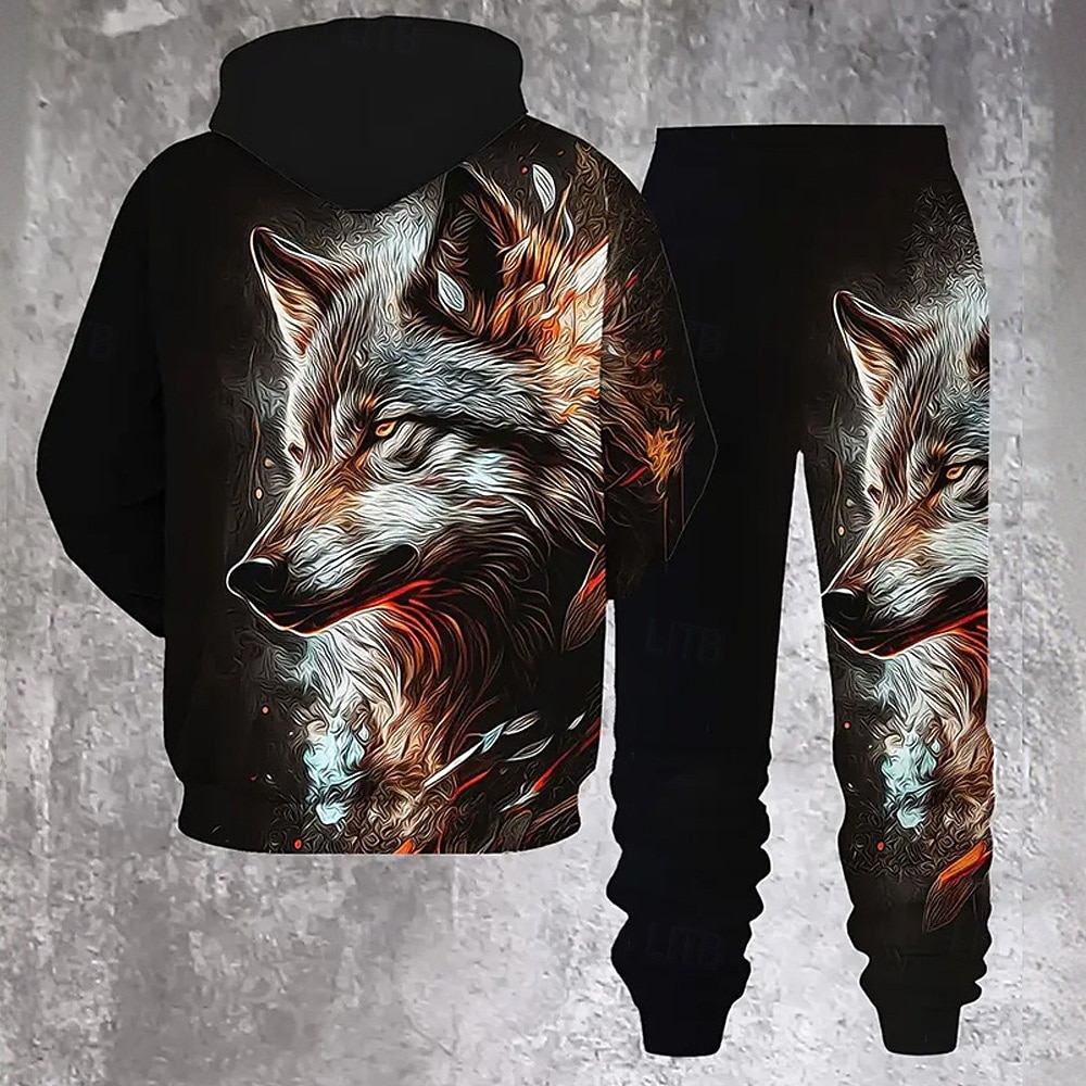 Herr Djur Varg 2st 3D-tröja set Träningsoverall Hoodie-tröja Långärmad Långa byxor Huva Ledigt vardag Fritids- Dagliga kläder 3D-utskrift Vår Höst Vinter Orange Grön 2025 - $39.99 –P3