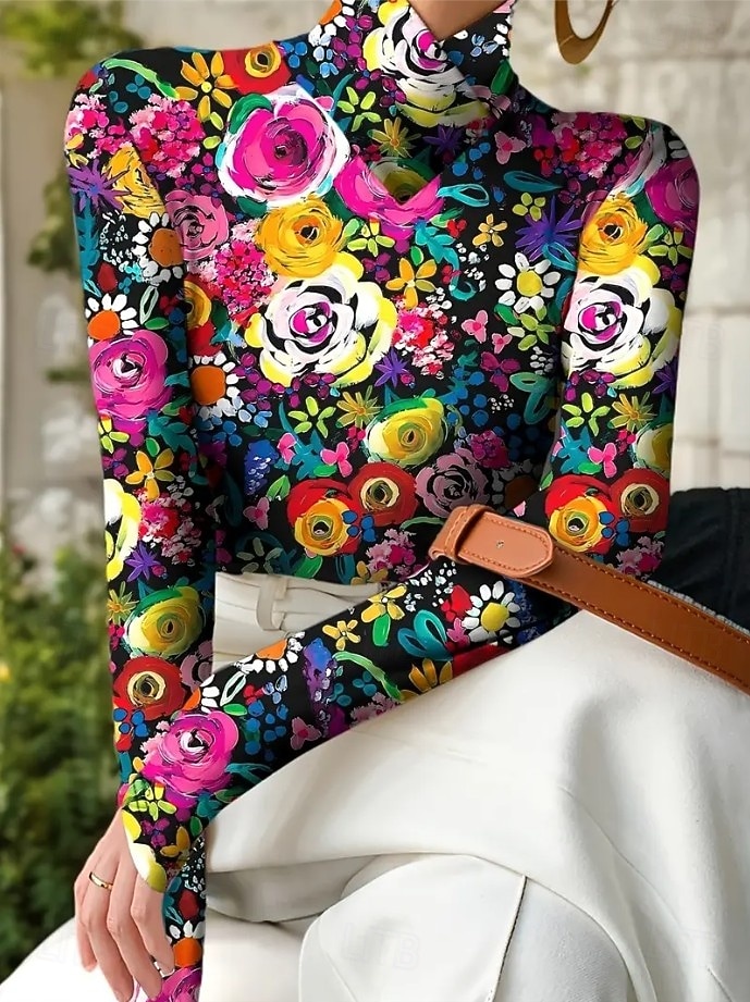 Dame Tunika Blomstret Grafisk Planter Elegant Årgang Stilfull Langermet Høyhalset Asymmetrisk hals Vanlige topper Daglig Svart og Hvit Fuksia Oransje Vår Høst Vinter 2025 - $24.99 –P1