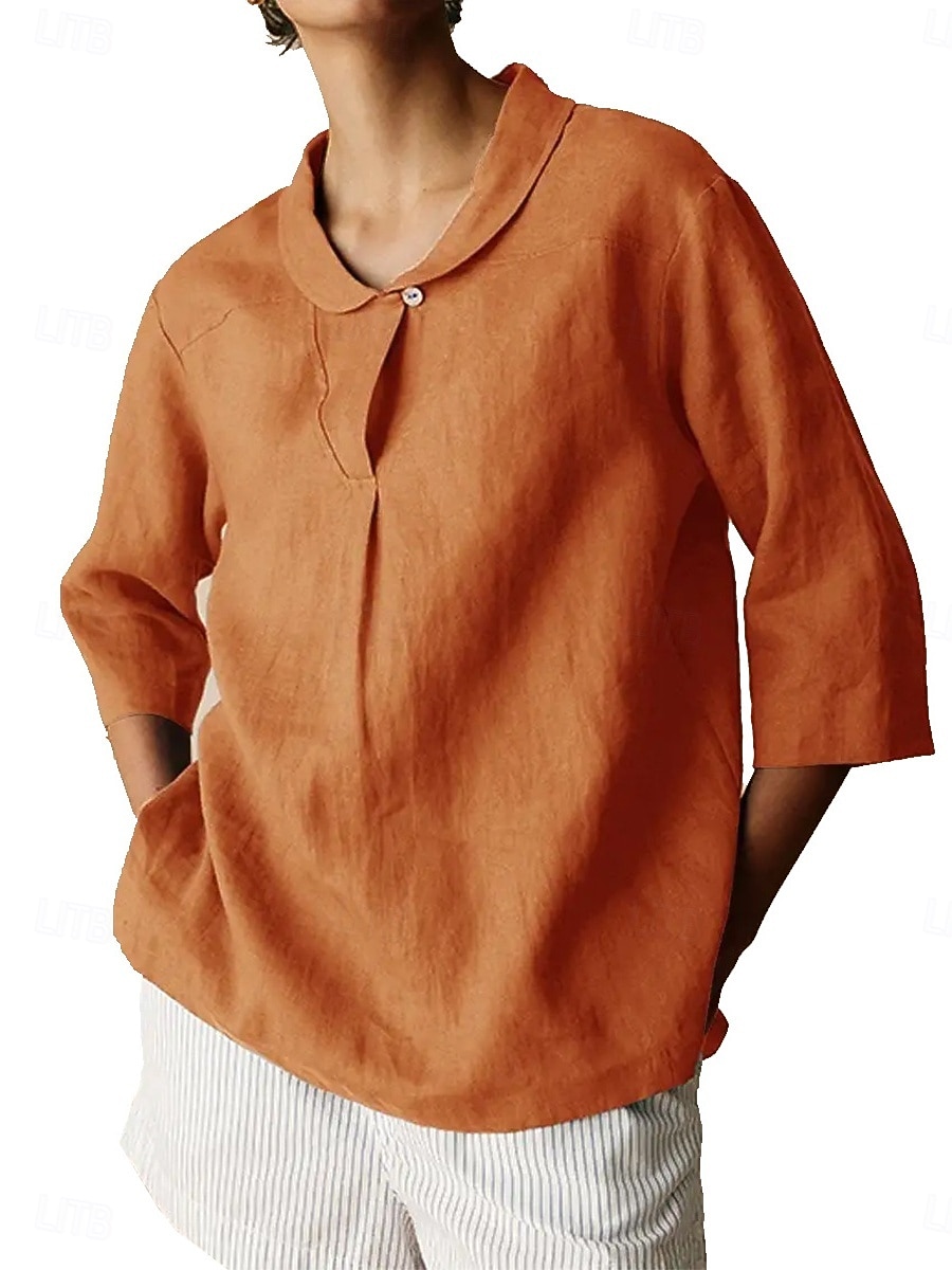 Per donna Camicie di cotone e lino Semplice Quotidiano Moderno Manica 3/4 Colletto a Camicia Top Regolari Quotidiano Bottoni Nero Arancione Marrone Cachi Grigio Estate Primavera Autunno del 2025 a $19.99 –P5