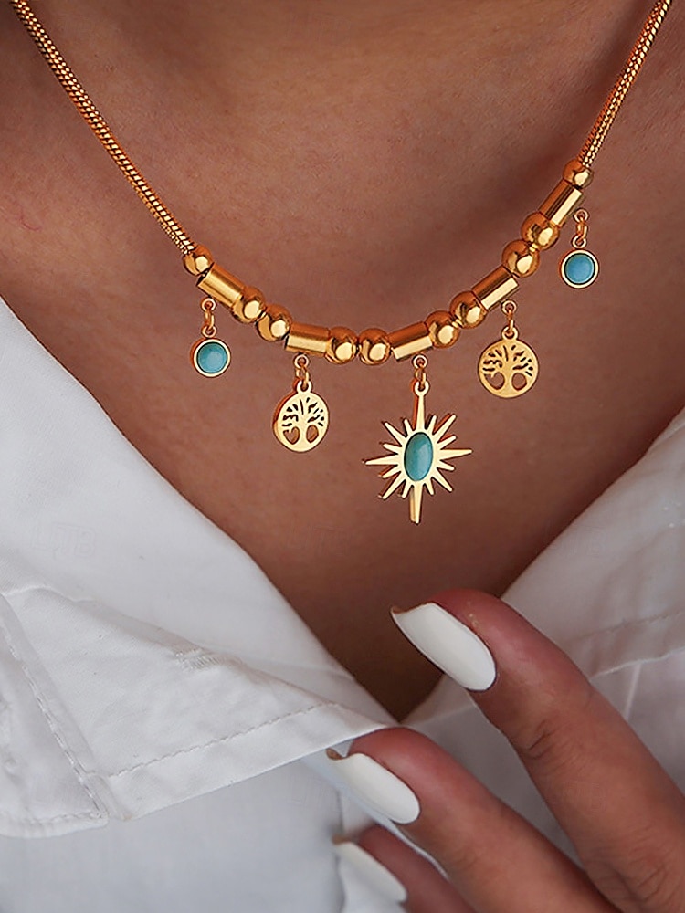 Dámský náhrdelník a náramek ze zlaté slitiny s tyrkysovými přívěsky slunce a stromeček – boho chic šperky na večírky, svátky i běžné nošení 2025 - $11.99 –P2