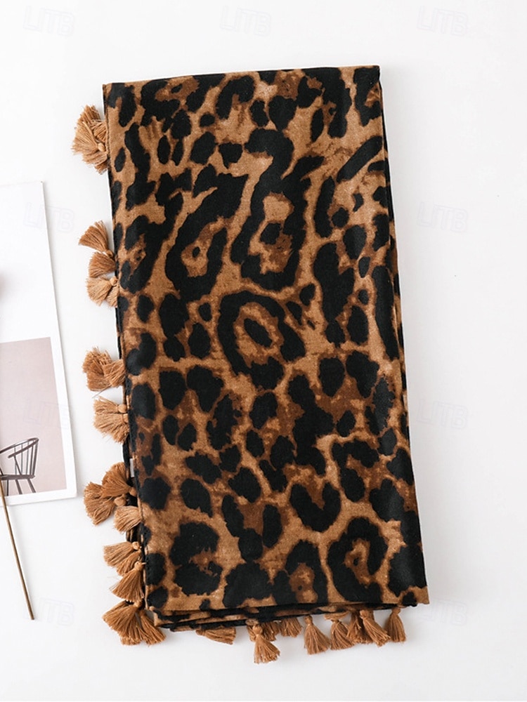 Bufanda con borlas y estampado de leopardo para mujer: chal extragrande, suave y ligero con flecos, estilo bohemio chic para otoño/invierno, atuendos casuales, oficina, viajes y regalos. 2025 - $14.99 –P6