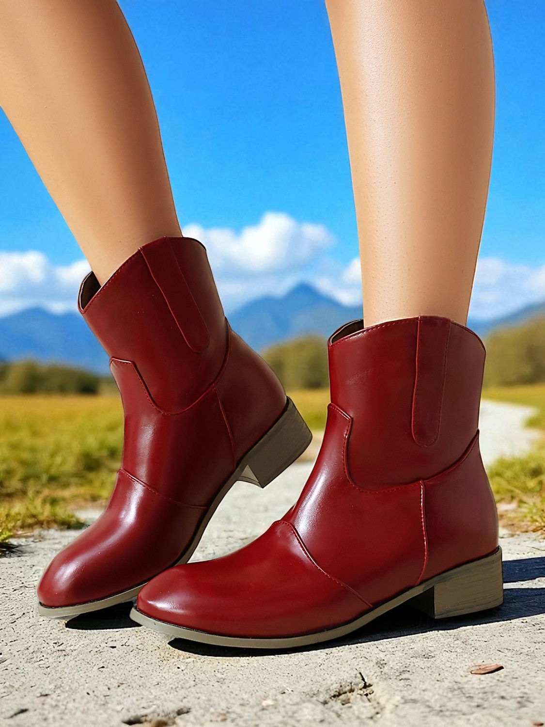 Botines de piel sintética color vino tinto para mujer: botas cortas de tacón bajo estilo western informal para el trabajo, viajes y atuendos cotidianos. 2025 - $46.99 –P4