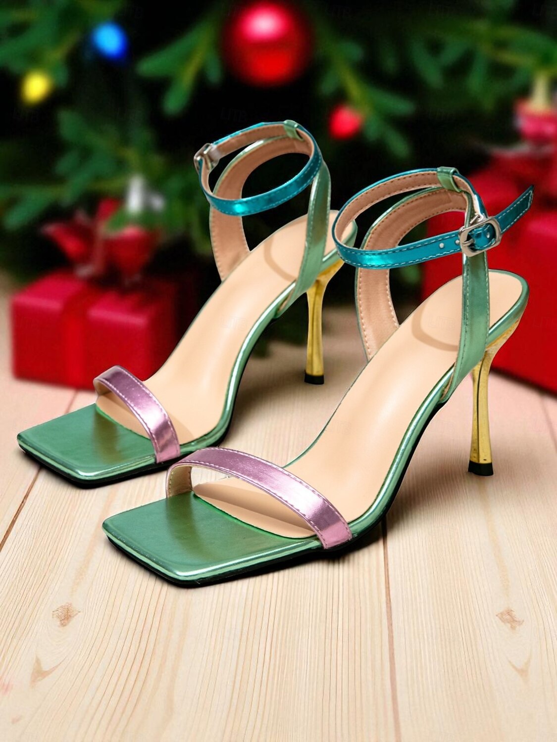 sandálias femininas de salto agulha com tiras iridescentes - bico quadrado e salto alto com tira no tornozelo para vida noturna e festas de Natal de 2025 por $34.99 –P1