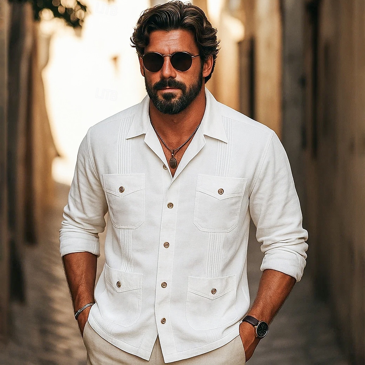Per uomo Camicia Camicia di lino Camicia Guayabera Camicia Estiva Camicia da Spiaggia Camicia con Bottoni Semplice Vacanza Casuale Bianco Manica Lunga Collo Camp Estate Primavera Abbigliamento Tasca del 2025 a $27.99 –P1