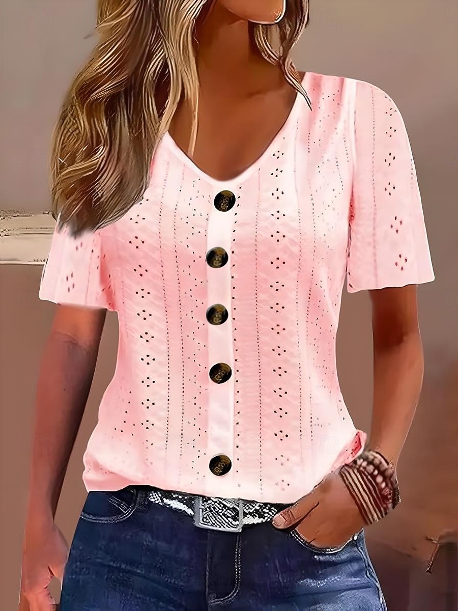 Hauts en dentelle blancs élégants pour femmes Blouse en œillets Hauts quotidiens réguliers à manches courtes col en V Boutons Détente ample Hauts romantiques petits pour l'été Vacances Blanc Rose de 2025 ? $21.99 –P5