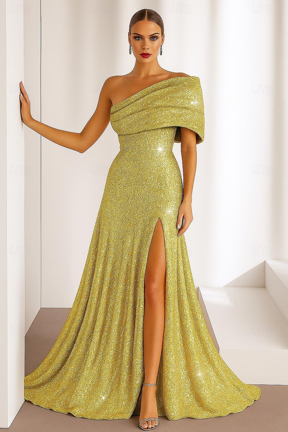 Sequined Gold Black A-Line Cocktail Dresses Elegant Dress Formal Wedding Floor Length Sleeveless One Shoulder Sequined with Glitter 2025 2025 - $144.99 –P4