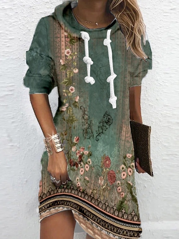 Damen Hoodiekleid Minikleid Etuikleid Etuikleid Party Casual Boho Outdoor Home Sport Regular Fit Blumen Grafik Langarm Kapuze Blau Grün Frühling Herbst Winter 2025 - $32.99 –P1