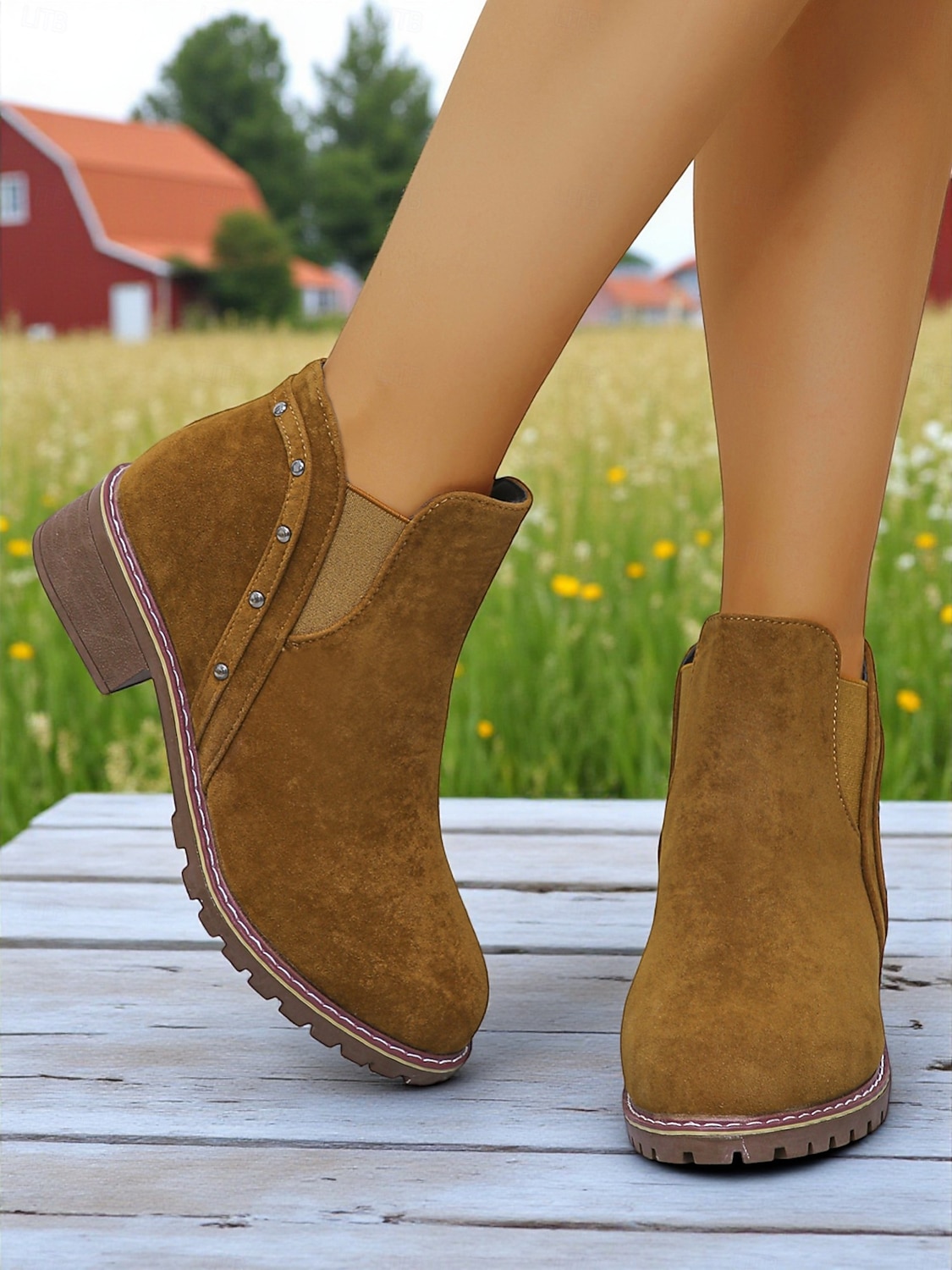 Botines Chelsea de tacón grueso para mujer: botines de punta redonda con detalle de tachuelas para la moda de otoño, visitas a granjas y paseos al aire libre. 2025 - $24.99 –P5