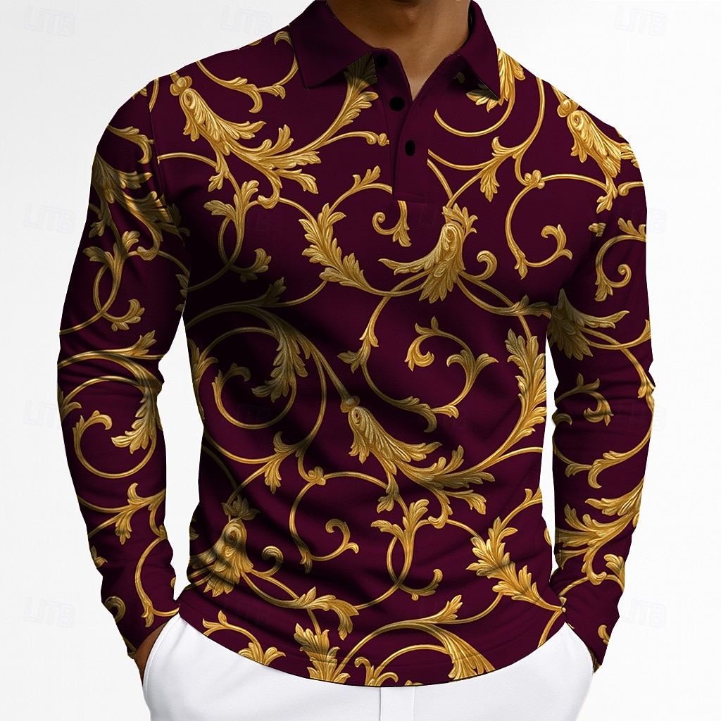 Men's Floral Polo Long Sleeve Polo Shirts Lapel Vintage Casual Athleisure Daily Wear 3D Print Buttons Spring Fall Winter Red 2026 - $22.99 –P1