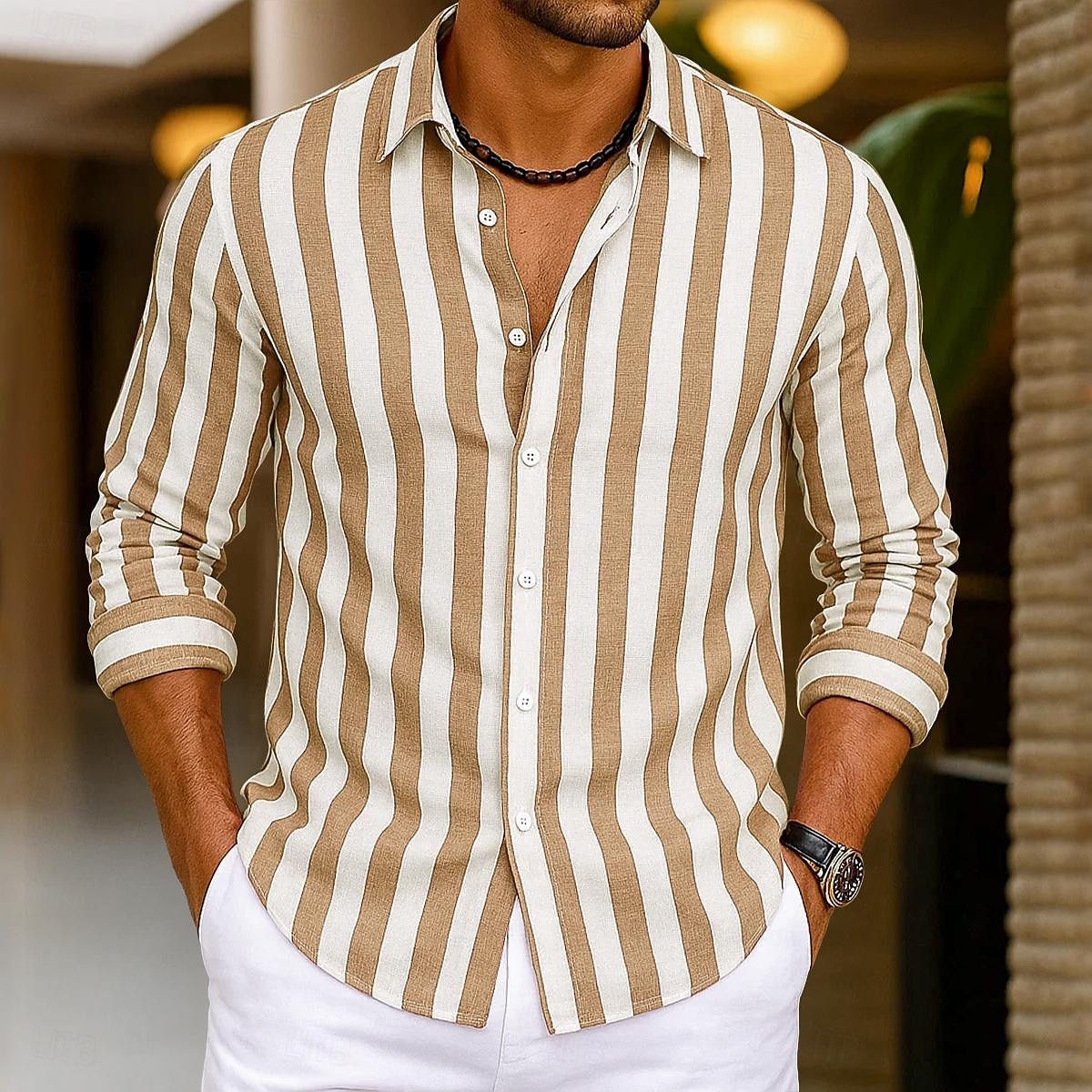 Per uomo Camicia Camicia di lino Camicia Estiva Camicia da Spiaggia Camicia in cotone e lino Camicie a righe A righe Vacanza Casuale Giallo Rosa Blu Verde Manica Lunga Collo ripiegato Estate Primavera del 2025 a $20.99 –P7
