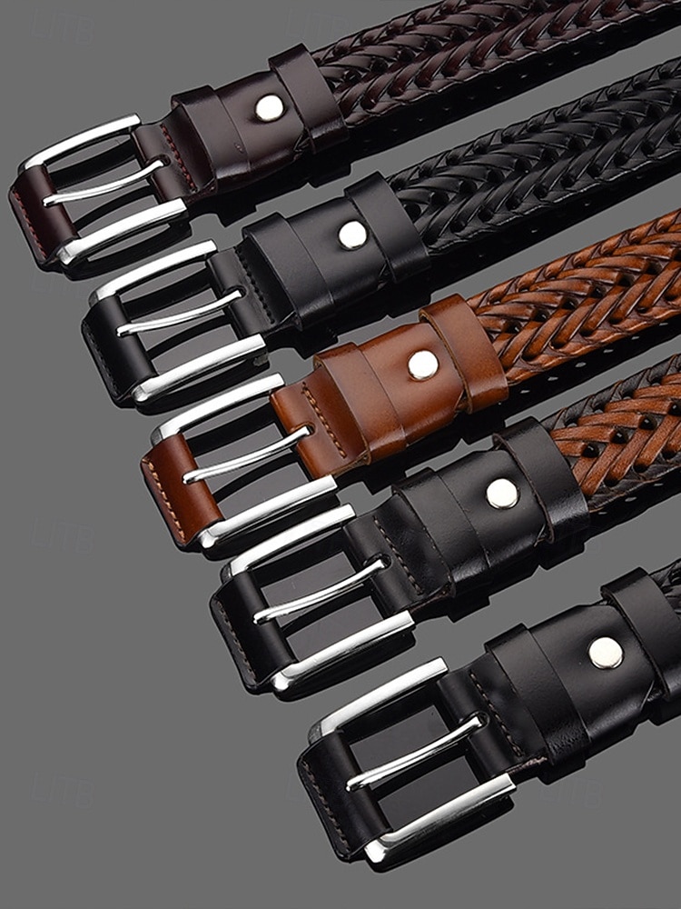 Pánský pletený opasek z pravé kůže – klasický tkaný design s leštěnou přezkou, odolný a nastavitelný doplněk v pase pro ležérní, obchodní a golfové outfity 2026 - $18.99 –P3