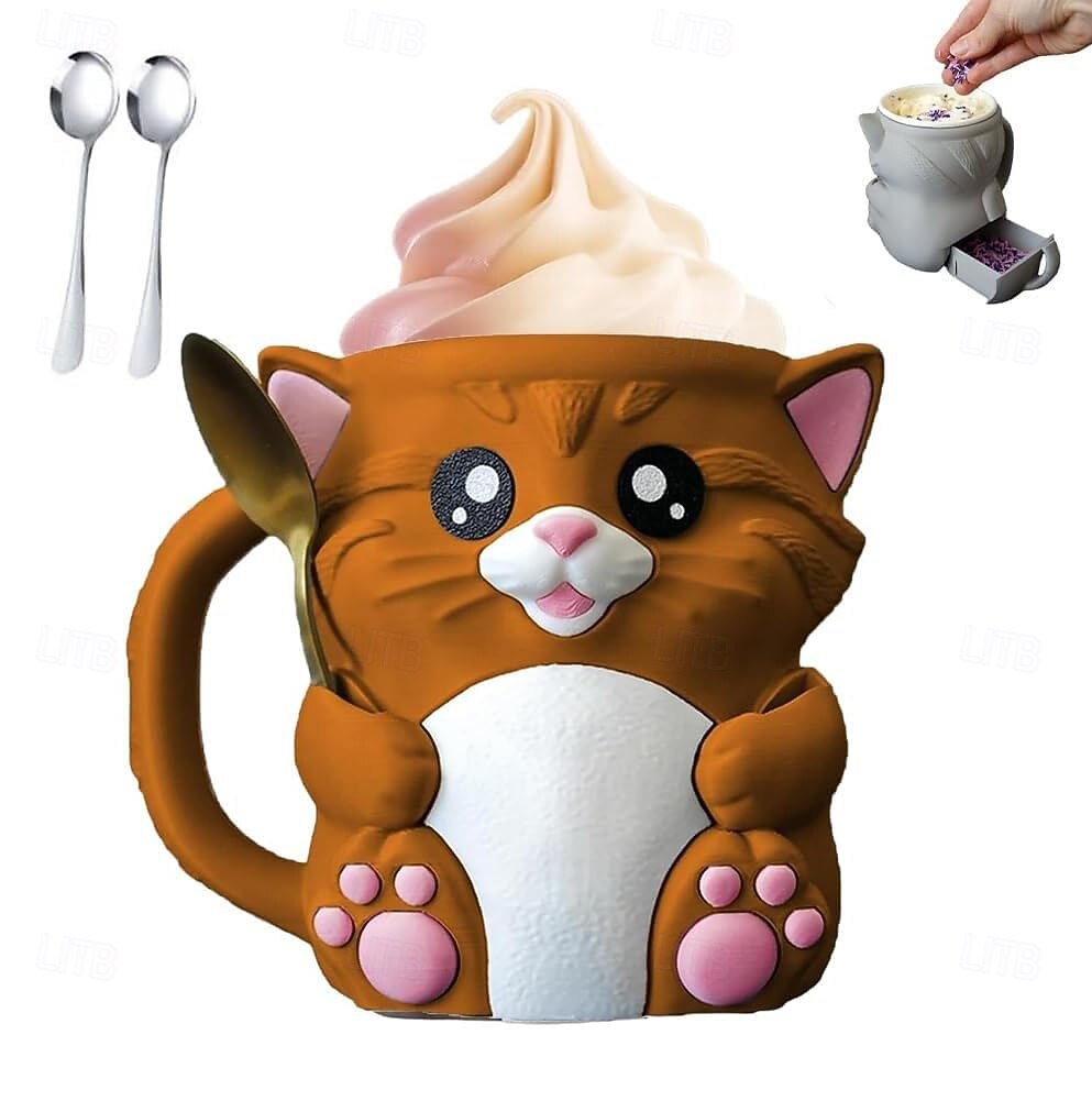 מחזיק קרח של Cuddles the Cat עם 2 כפיות, מעמד לחצי גלידה, מכיל 473 מ"ל/16 אונקיות של גלידה, מיכלי גלידה רב פעמיים, מחזיקי ארטיקים, מתנות אידיאליות לאוהבי חתולים 2025 - $33.99 –P2
