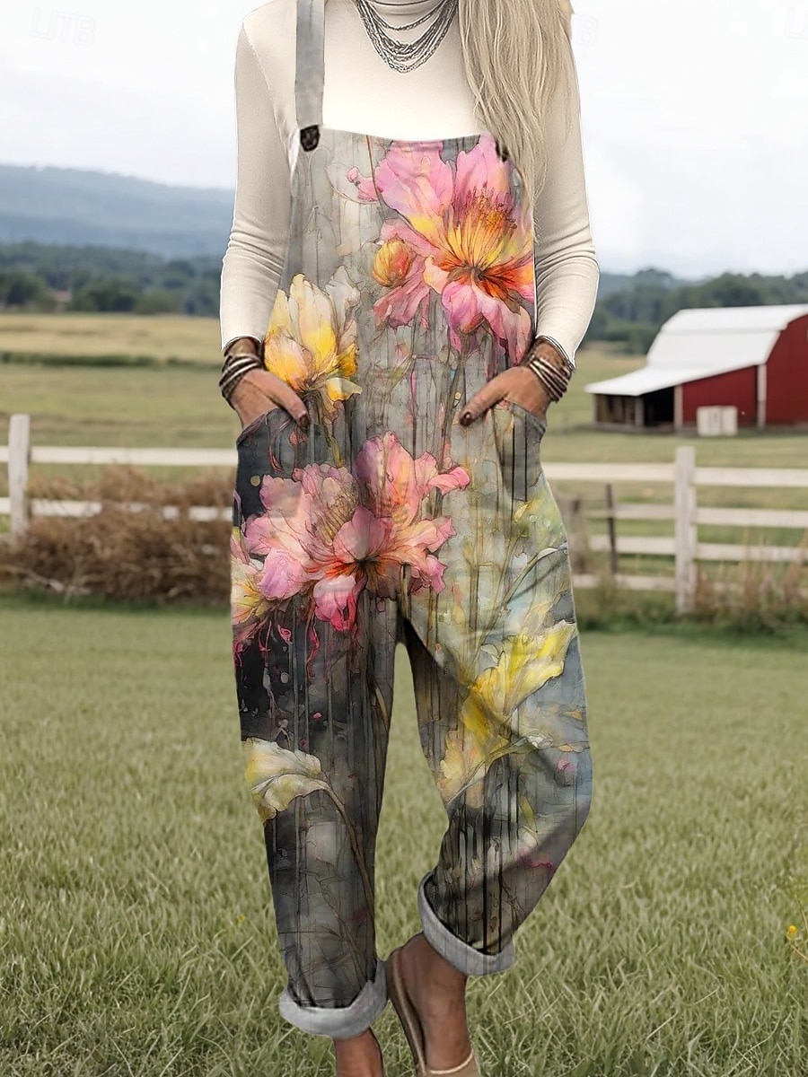 Femmes Combinaison Actif Fleuri Sans manches Col rond Avec Poches Imprimé Vacances Quotidien Coupe Ample Jaune Bleu Orange Printemps de 2025 ? $36.99 –P1