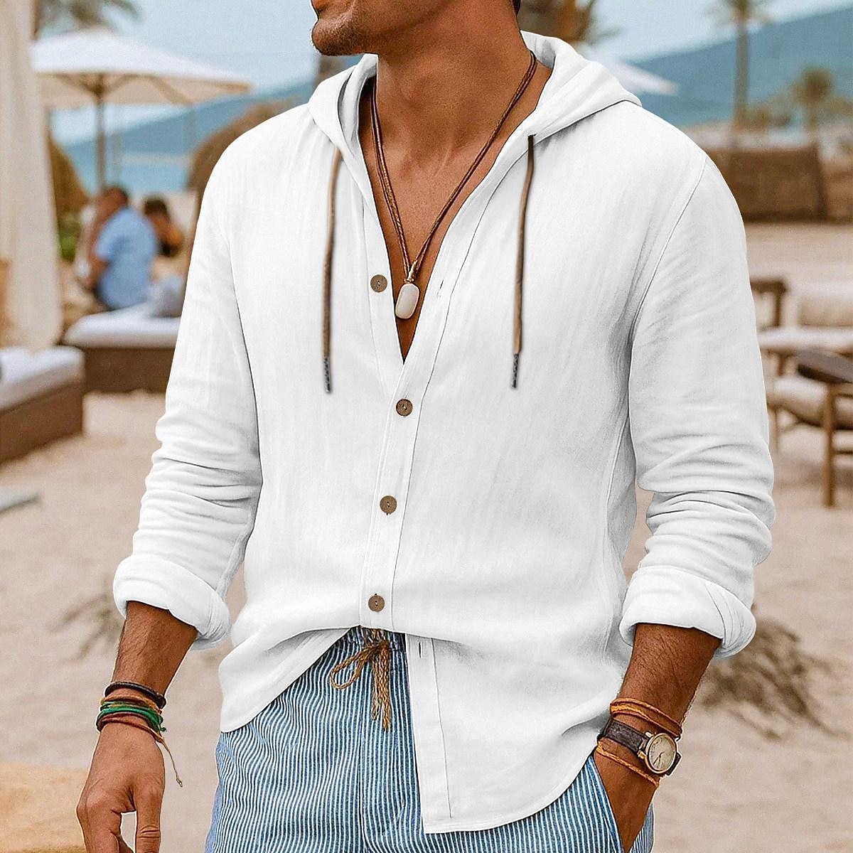 Herren Hemd Leinenhemd Strandbekleidung Knopfhemd Kapuzenhemd Einfach Urlaub Lässig Schwarz Weiß Blau Grün Langarm Mit Kapuze Sommer Frühling & Sommer Bekleidung Knöpfe 2025 - $25.99 –P5