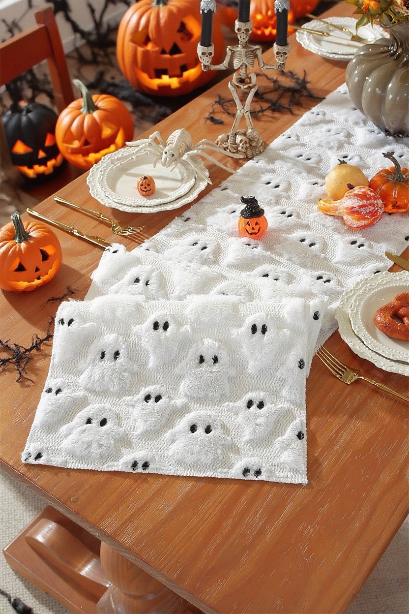 Halloweenský běhoun na stůl, vlaječka na stůl s 3D výšivkou duchů - dekorace z umělé kožešiny s černým okem a malým ďáblem, černobílý sváteční ubrus na dekoraci na párty a stolování 2025 - $9.49 –P4