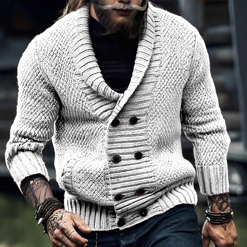 Муж. Кардиган Укороченный свитер Вязаный свитер Рельефный узор Вязать Обычные топы Карман Пуговицы Полотняное плетение Воротник шалевого типа Мода Классика Отпуск На каждый день Одежда Осень Зима 2025 - $42.99 –P2