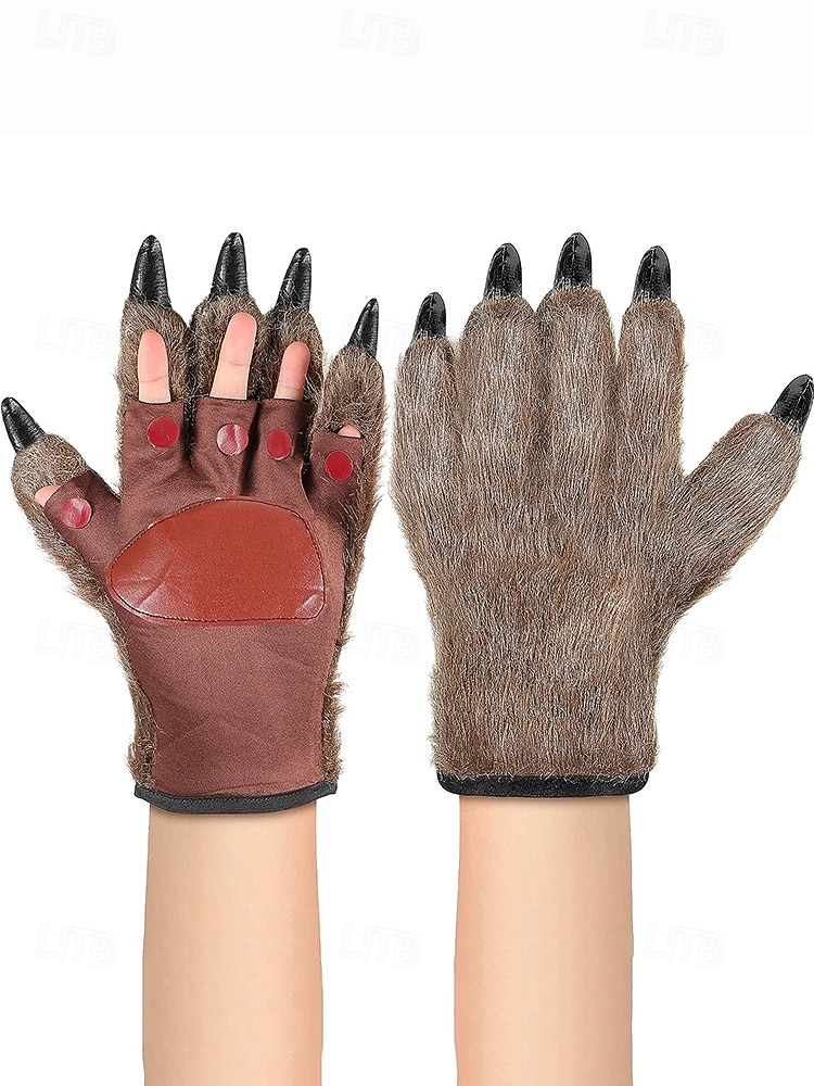 Werwolf-Krallenhandschuhe für Herren – Halloween-Handschuhe aus Kunstpelz und Leder mit spitzen Krallen, perfekt für Halloween-Kostüme und Partys 2025 - $14.99 –P2