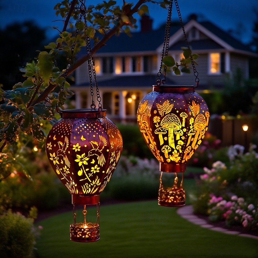 1 pz 45cm luce solare da esterno a sospensione a forma di mongolfiera, luce di proiezione in ferro cavo, colibrì, fungo, cortile, giardino, terrazza, balcone, lanterna decorativa, luce da paesaggio del 2025 a $21.99 –P5