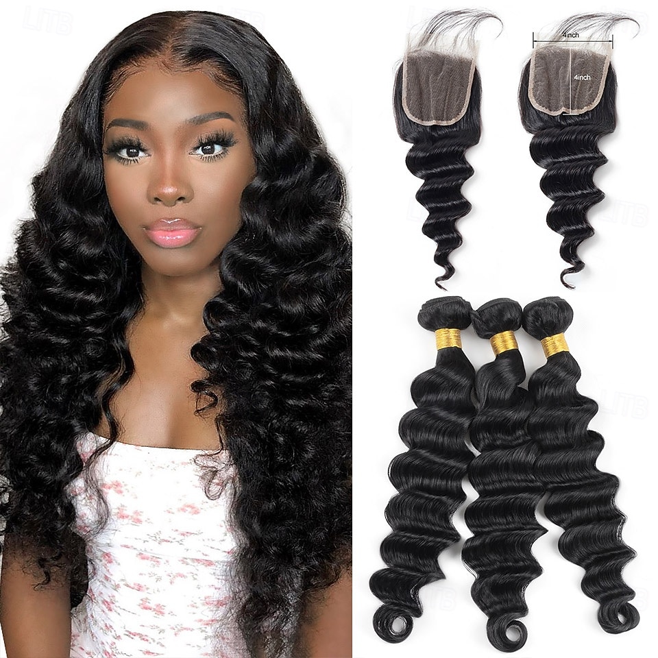 Extensiones de cabello humano brasileño suelto y profundo, 3 paquetes con cierre de encaje 4x4. 2025 - $222.99 –P1