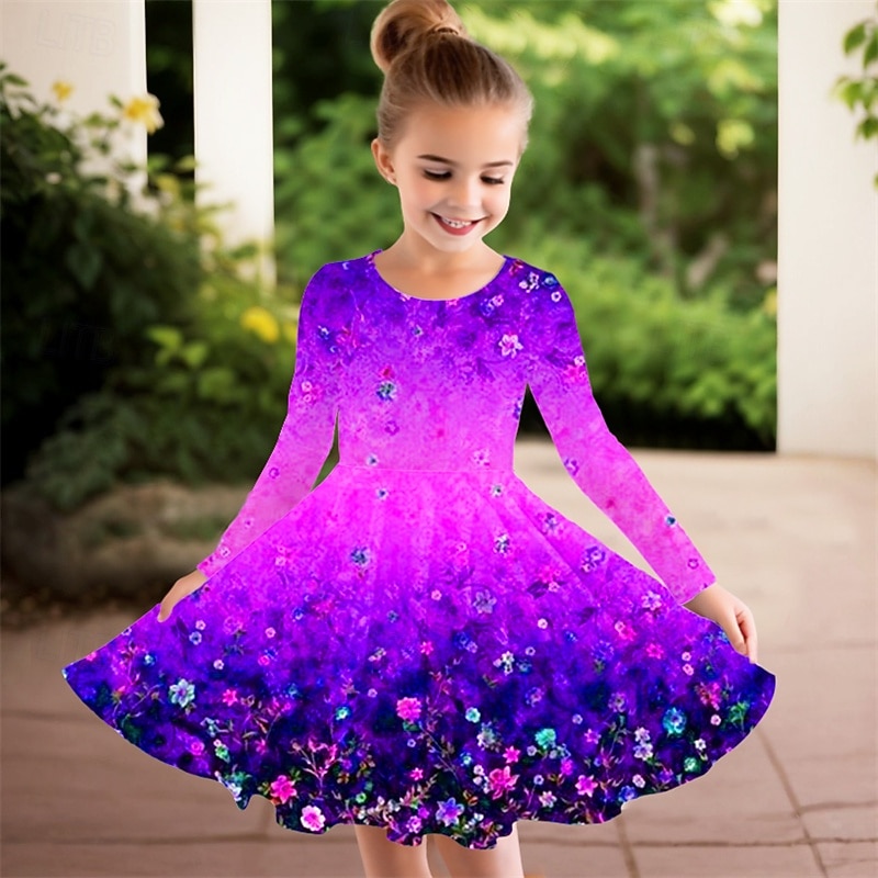 Flickor 3D Blomma Klänning Långärmad Sommar Vår Semester Dagligen Helgdag Prinsessa Skön Ljuv Barn 4-12 år Vardagsklänning A linjeklänning Knälång Normal 2025 - $16.99 –P7