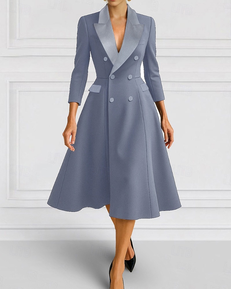 A-line blazer šaty matky nevěsty šaty smoking elegantní jednoduché minimalistické V výstřih špicatý klop tea délka midi délka flap kapsy pružná krepa 3/4 délky rukáv s zakrytými knoflíky 2025 - $137.99 –P6