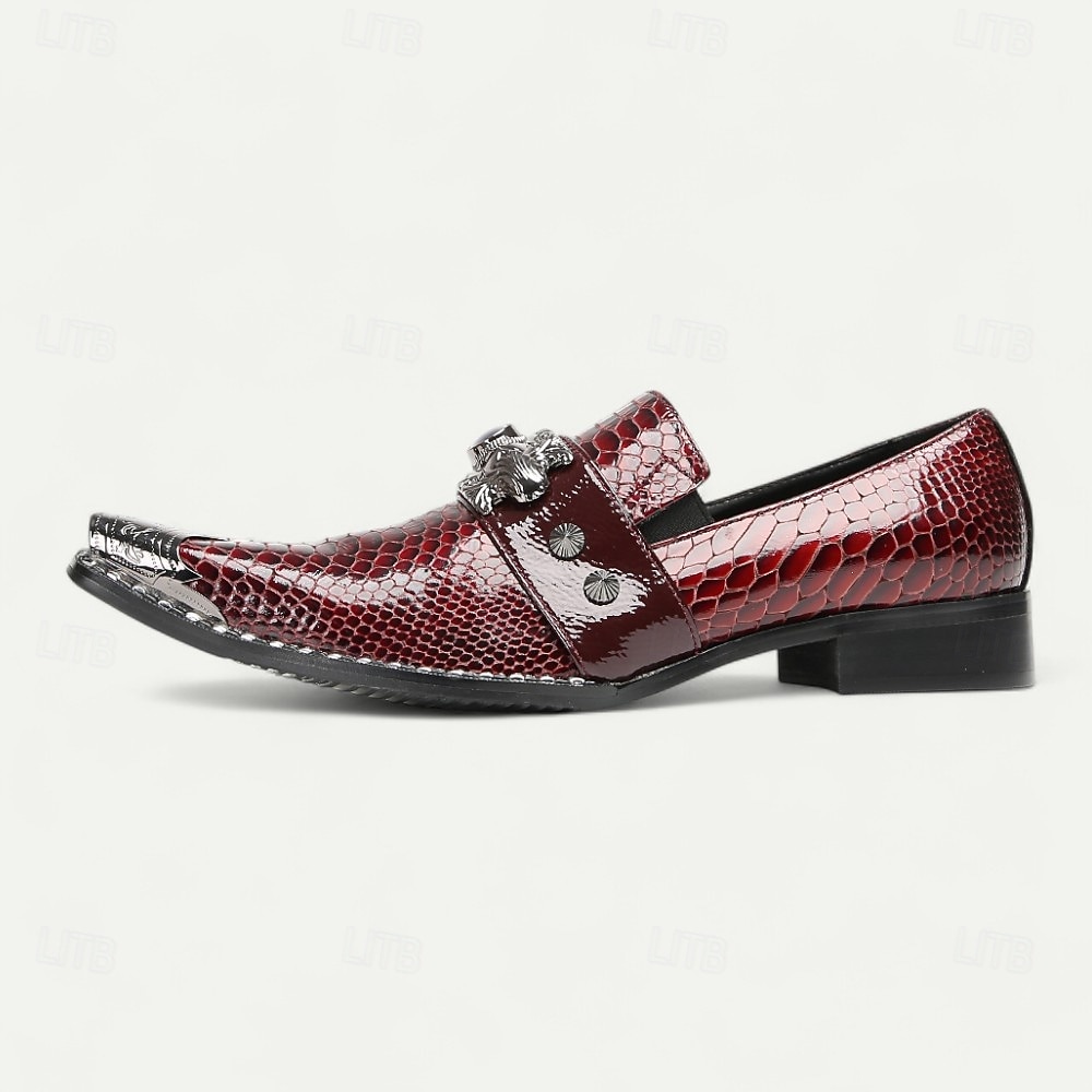 Mocassins en cuir à motif crocodile bordeaux pour hommes avec boucle en métal et détail de pierres précieuses, chaussures habillées de luxe pour mariages, fêtes et occasions formelles de 2025 ? $109.99 –P3