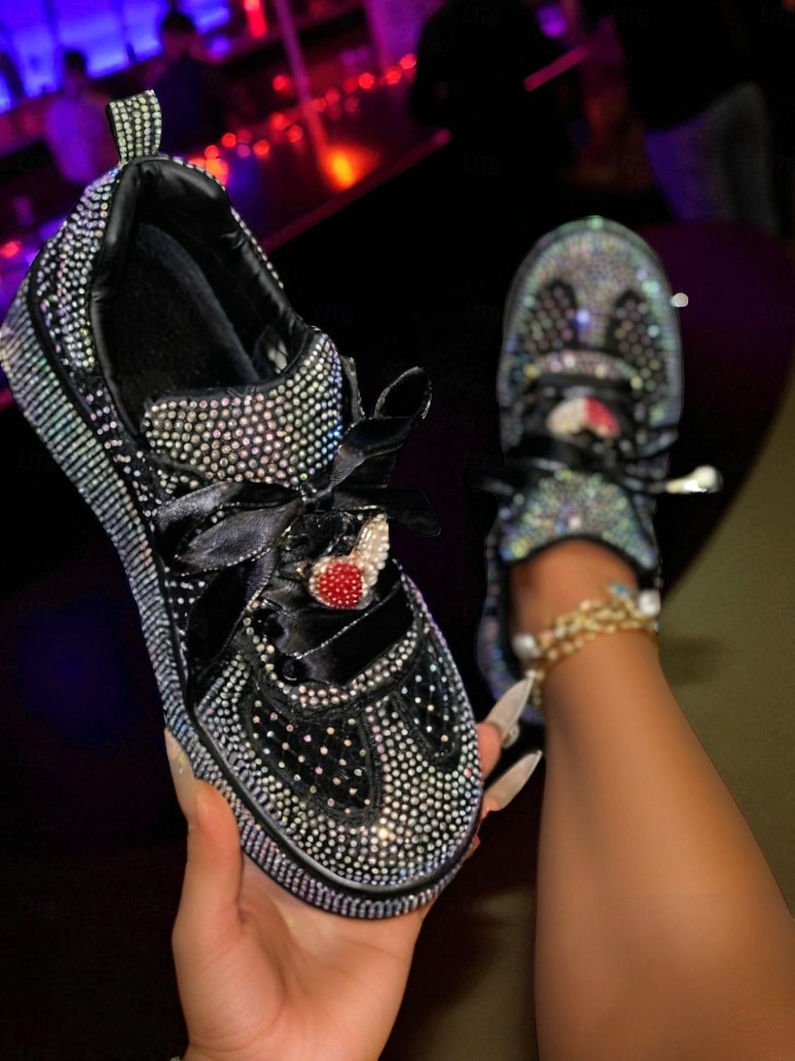 Naisten valkoiset strassikengät satiininauhanauhoilla ja sydänriipuksella - tyylikkäät vapaa-ajan kengät yöelämään, klubeille ja juhliin 2026 - $46.99 –P3