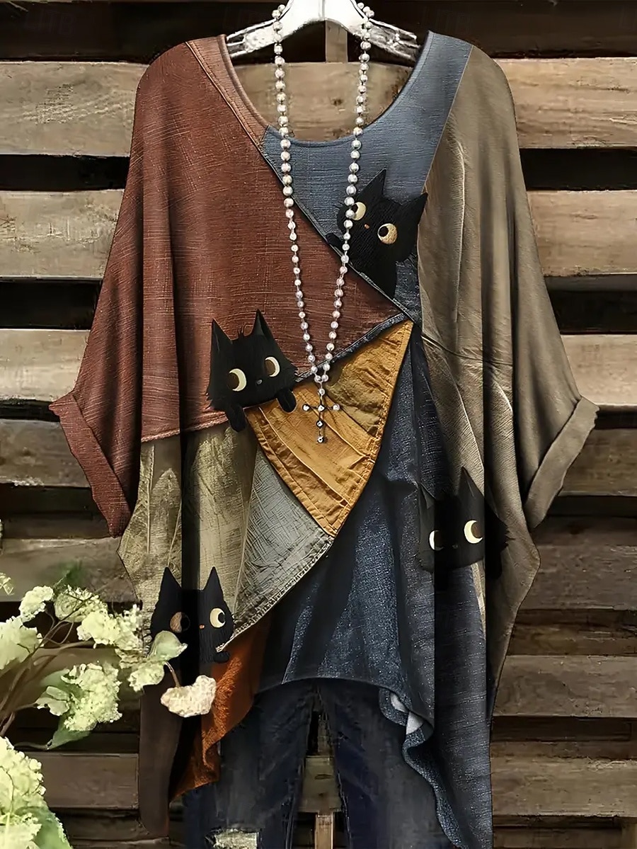 Dame Bluse Grafisk Dyr Katt Årgang Daglig Fritid Halvlange ermer Flaggermusermer Crew-hals Lange topper Daglig Ferie Strand Klær Assymetrisk Gul Rød Blå Kamel Grå Sommer Vår 2025 - $22.99 –P7