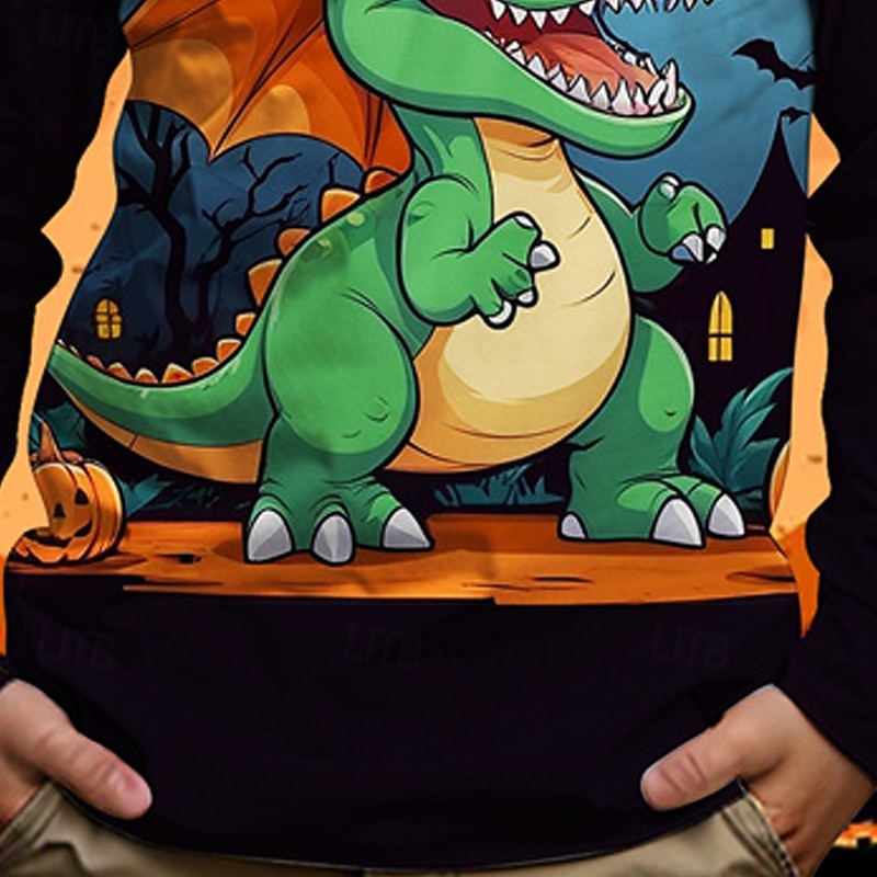 Halloween Pojkar 3D Tecknat Dinosaurie T-shirt Långärmad Vår Höst Mode Grundläggande Barn 4-12 år Rund hals Utomhus Ledigt Dagligen Normal 2025 - $13.99 –P3