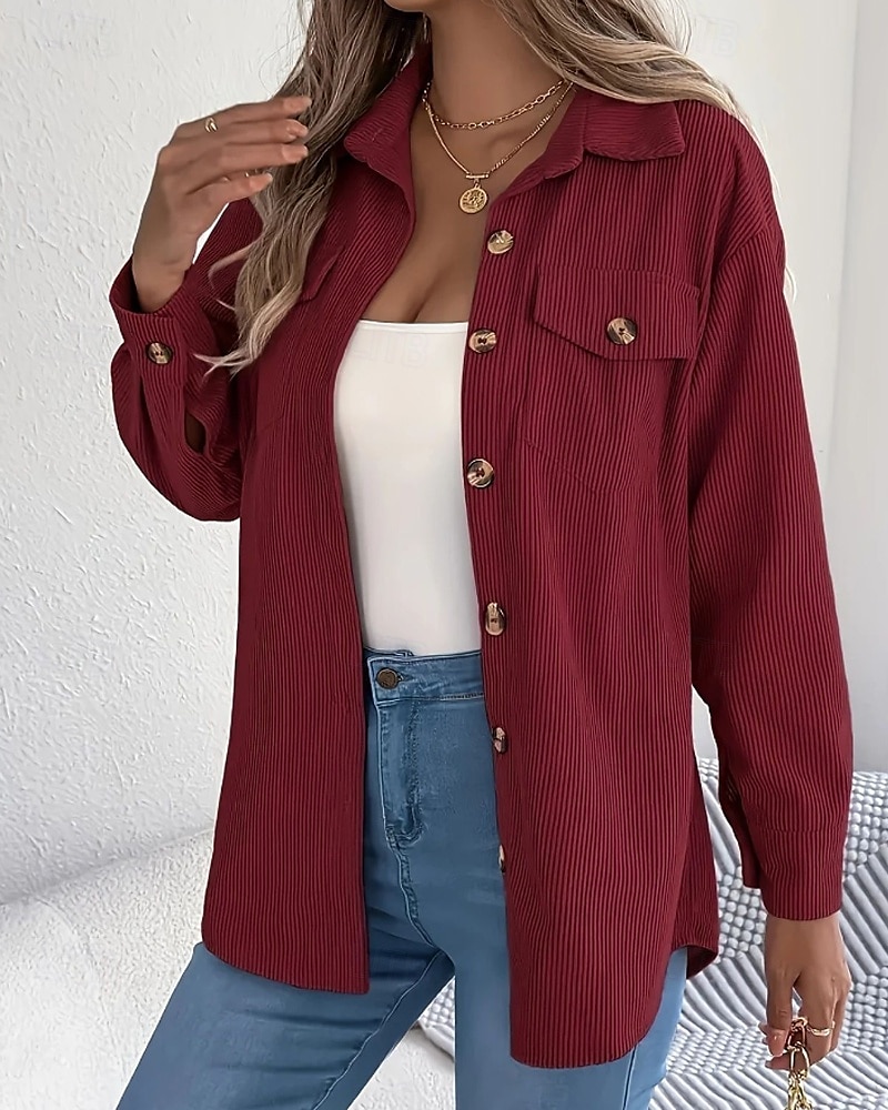 Per donna Camicia Blusa con texture Blusa Semplice Moderno Casual Manica Lunga Colletto a Camicia Top Regolari Quotidiano Uscire Tasca Bottoni Nero Vino Cachi Autunno del 2025 a $26.99 –P16