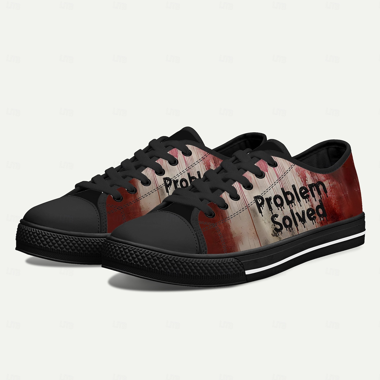 Sneakers da uomo in tela con grafica sanguinosa: scarpe casual basse a tema horror con stampa "problema risolto" per Halloween, feste e uso quotidiano del 2025 a $42.99 –P1