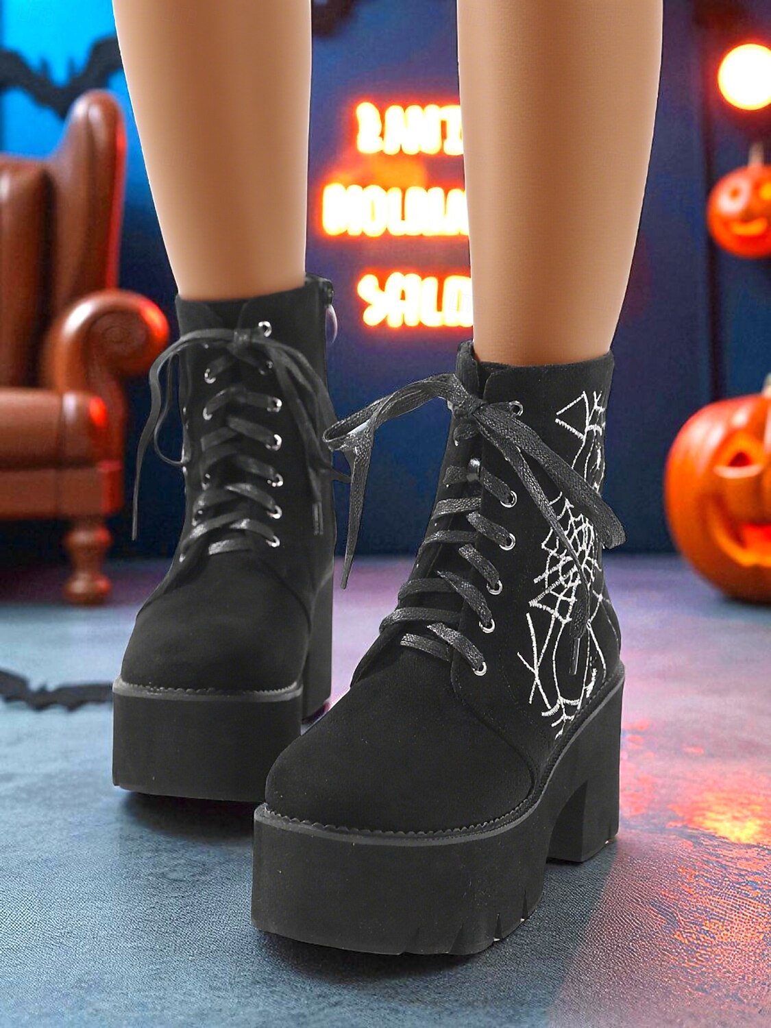 Dámské černé vojenské boty na platformě s výšivkou pavučiny - gotické kotníkové boty se šněrováním a robustním podpatkem na halloweenskou párty, cosplay a večerní zábavu 2025 - $59.99 –P1