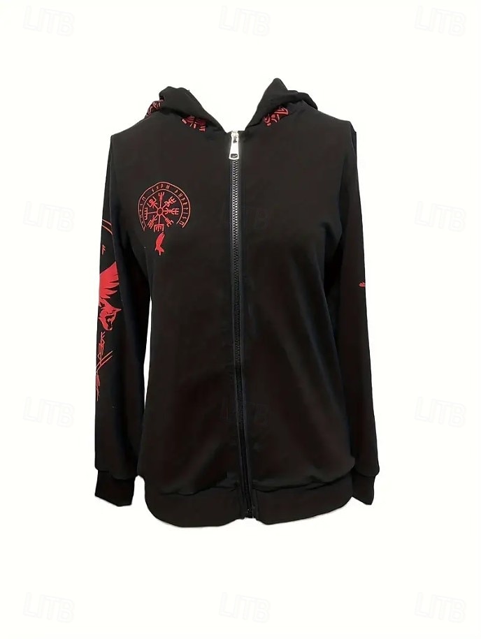 Mulheres Moletom com zíper Floral Punk Ativo Vintage Manga Longa Com Capuz Tops regulares Casual Casa Dia a Dia Preto Vermelho Outono Inverno de 2026 por $42.99 –P5