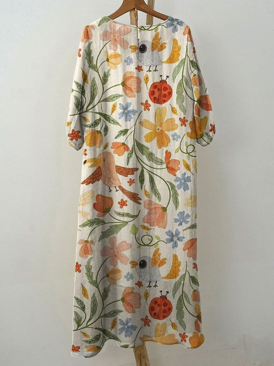 Damen Maxi Kleid Kaftan 3/4 Länge Ärmel Rundhalsausschnitt Lässiges Kleid A-Linie Kleid Boho Lockere Passform Florales Grafik V-Ausschnitt Weiß Gelb Hellgrün Grün Frühling Herbst 2025 - $16.99 –P3