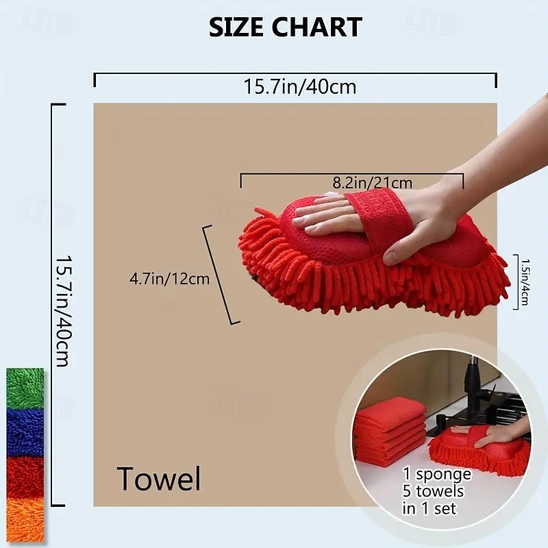 Conjunto de 6 peças de esponja e toalha para lavagem de carros – inclui 1 luva de esponja de limpeza e 5 toalhas de microfibra macias e superabsorventes – reutilizáveis para uso no carro, em casa e na de 2025 por $17.99 –P3