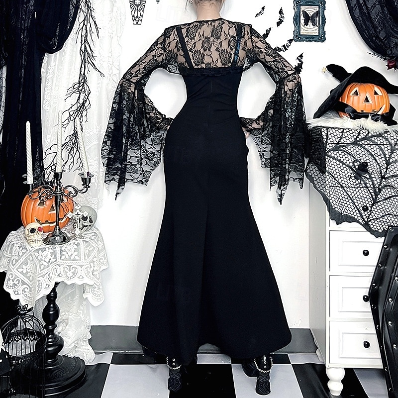 gotický Maxi Šaty Top s pokrčením ramen Zvonové Čerodějnice Morticia Addamsová Krajka Samet Květinový Maškarní kostým Dámské Fantazie předvečer Všech svatých Karneval Výkon Párty Dospělí Vrchní deska 2025 - $29.99 –P3