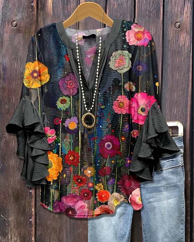 Mujer Camiseta Volante Estampado Floral Moda Moderno Manga 3/4 Escote en Pico Tops regulares Diario Negro Verano 2026 - $27.99 –P1