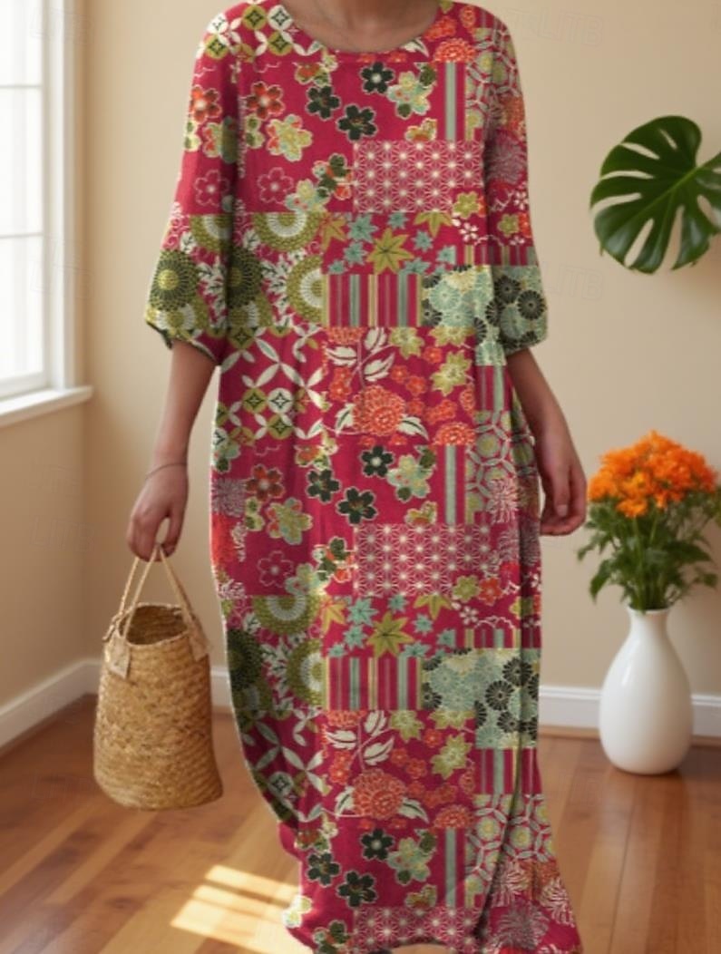 Mujer Vestido Midi Vestido informal Vestido Estampado Vintage africano Diario Playa Fin de semana Ajuste regular Floral Manga 3/4 Cuello Barco Rosa Rojo Fucsia Verde Trébol Otoño 2026 - $34.99 –P4