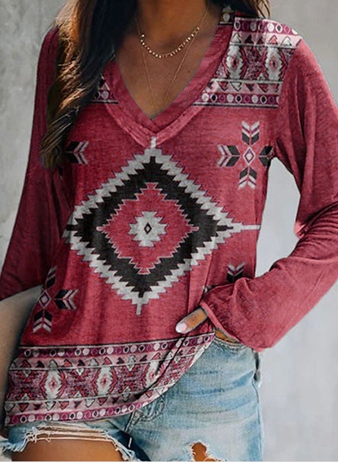 Femmes T-shirt Imprimé Graphique Géométrique Tribal Élégant Bohème ancien manche longue Col en V Hauts Réguliers Quotidien Sortir Week-end Bleu Noir Jaune Rouge Vert foncé Printemps Automne de 2026 ? $24.99 –P3