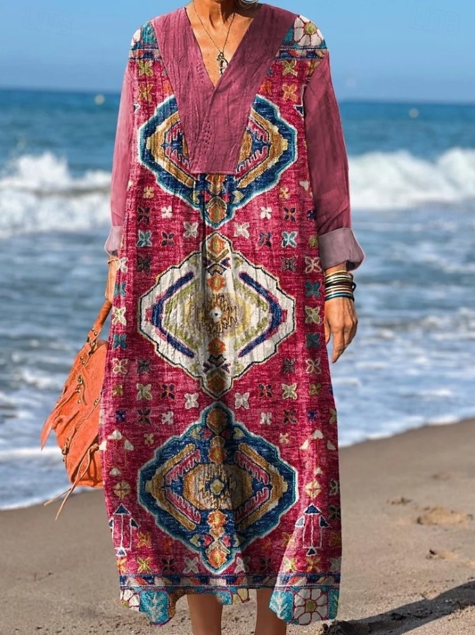Femmes Robe maxi Robe d'Été Robe trapèze Vacances Occasionnel Boho Soirée Fête Plage Coupe Ample Fleuri Graphique Géométrique manche longue Col en V Jaune Rouge Fuchsia Orange Été Printemps Automne de 2025 ? $35.99 –P6