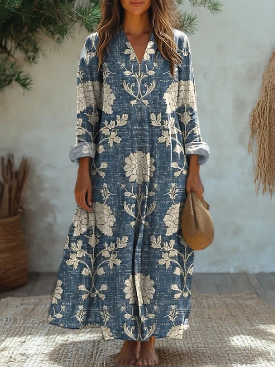 Women's Midi Dress Sundress A Line Dress Vacation Casual Boho Beach Party Holiday Loose Fit Floral Graphic Geometric Long Sleeve V Neck Blue Black Orange Green Summer Spring Fall 2026 - $37.99 –P3