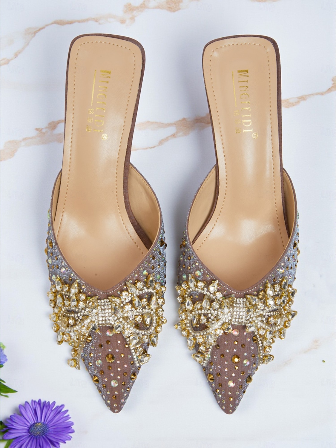 Women's Rhinestone Pointed Toe Mules - Glitter Slip-On Kitten Heels with Pearl Bow for Cocktail Parties & Evening Events 2025 - $42.99 –P3