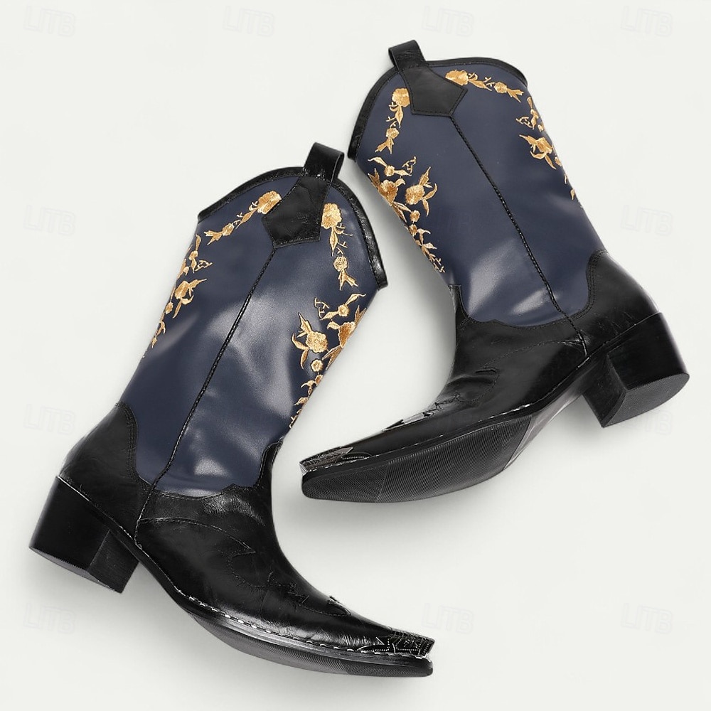 Men's Navy and Black Cowboy Boots with Gold Embroidery – Elegant Western Boots for Stage Performances, Country Celebrations and Themed Parties 2026 - $199.99 –P8