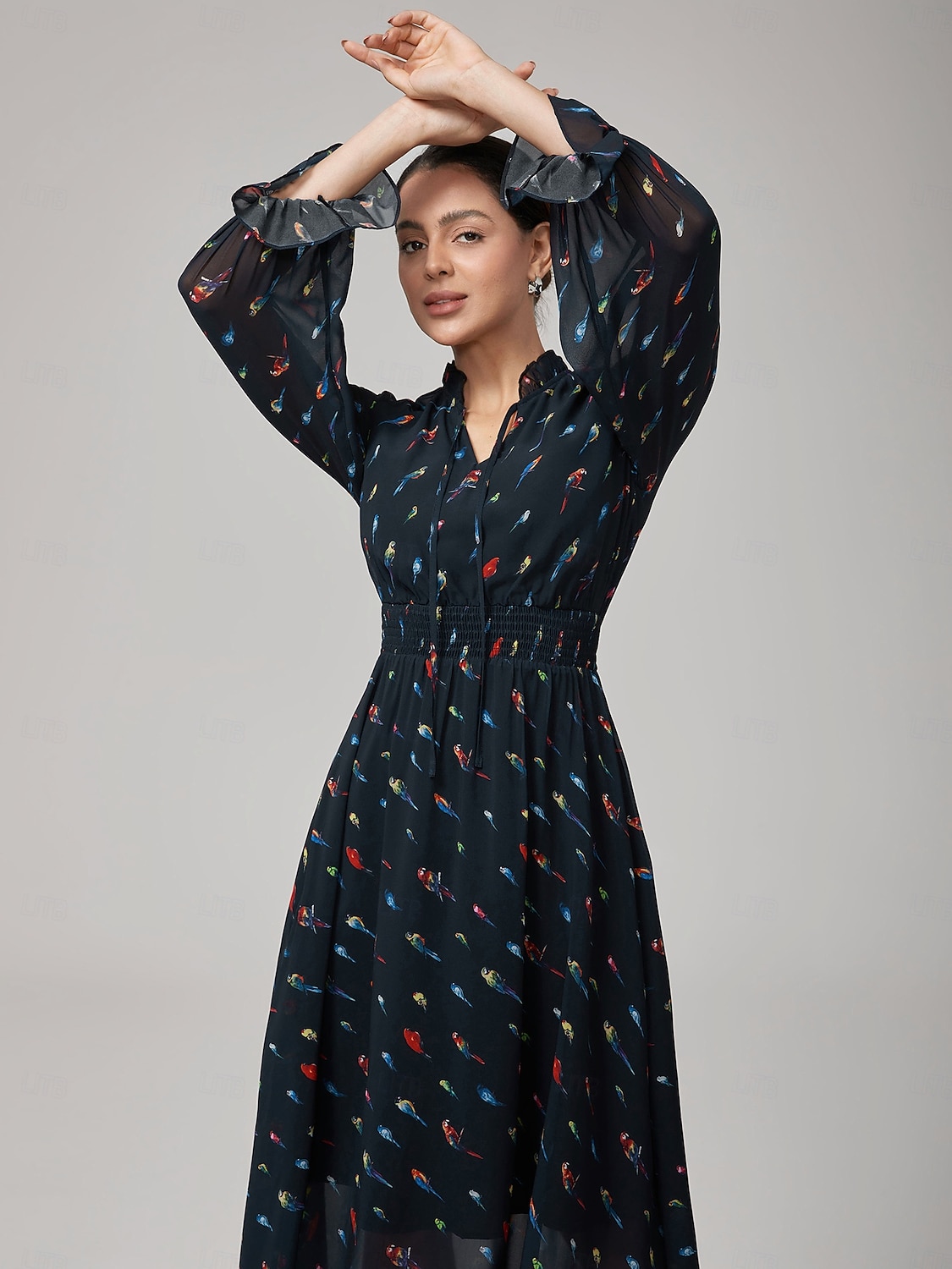 Mulheres Vestido casual Vestido Longo Vestido Maxi Preto Manga Longa Papagaio gravata na frente Primavera & Outono Estações Cruzadas Decote V Férias S M L de 2025 por $86.99 –P5