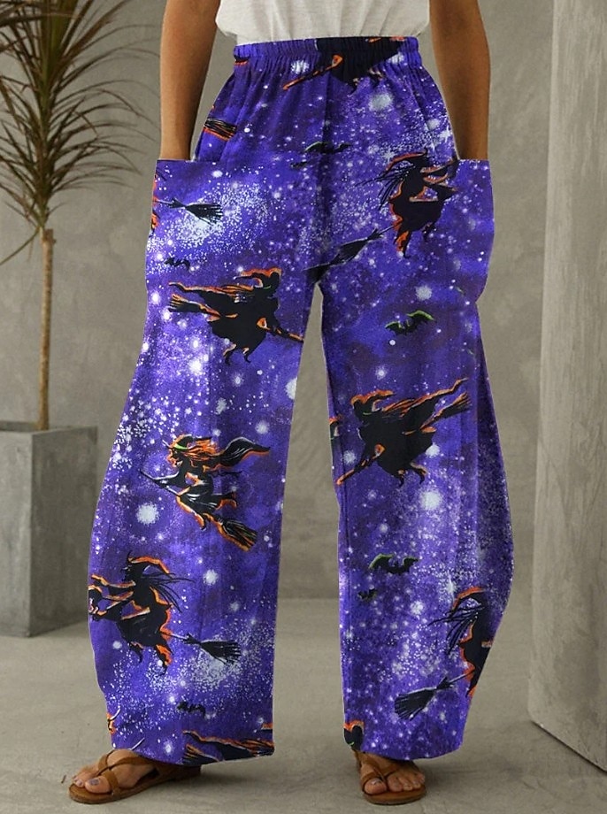 Damen Hose aus Baumwollleinen Urlaub Vintage Ethno-Stil Volle Länge Mittlere TaillePantsHalloween Katze Kürbis Halloween Drucken Bequem Unelastisch Urlaub Straße Lässig Asche Schwarz Fuchsie Orange 2025 - $35.99 –P4